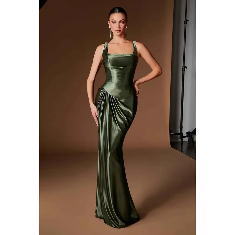 Ladivine CH2604 Square Neck Satin Fitted Evening Gown with Draped Waist