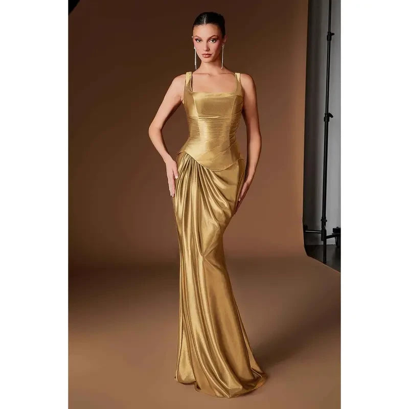 Ladivine CH2604 Square Neck Satin Fitted Evening Gown with Draped Waist