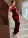 Burgundy Velvet Halter Evening Gown