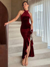 Burgundy Velvet Halter Evening Gown