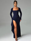 Ruched Split Thigh Evening Gown