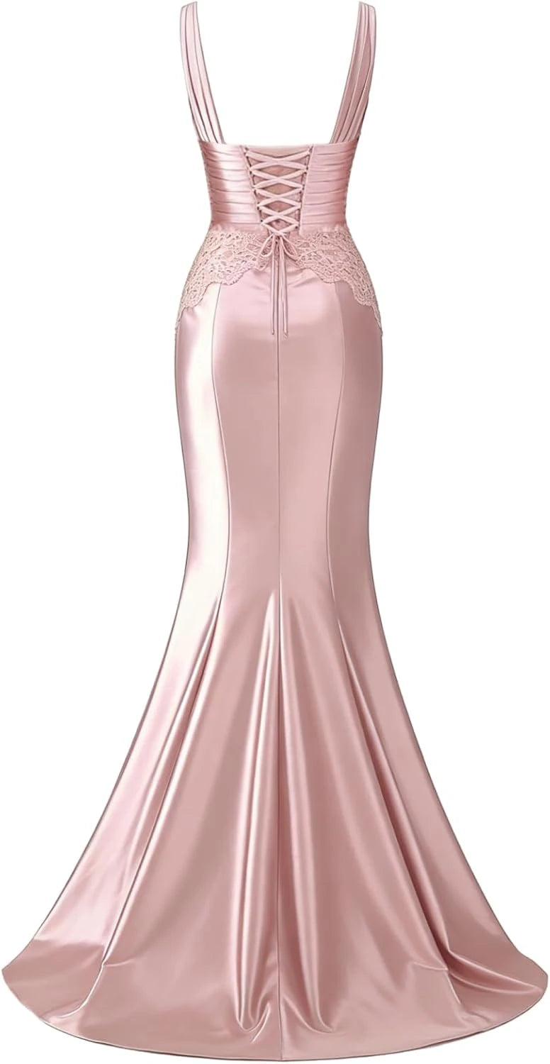 Lace Applique Satin Mermaid Evening Dress
