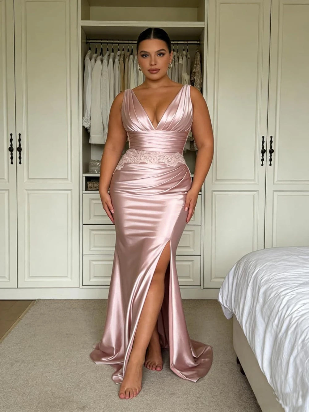 Lace Applique Satin Mermaid Evening Dress