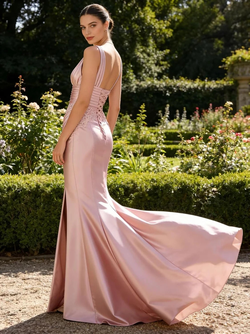 Lace Applique Satin Mermaid Evening Dress