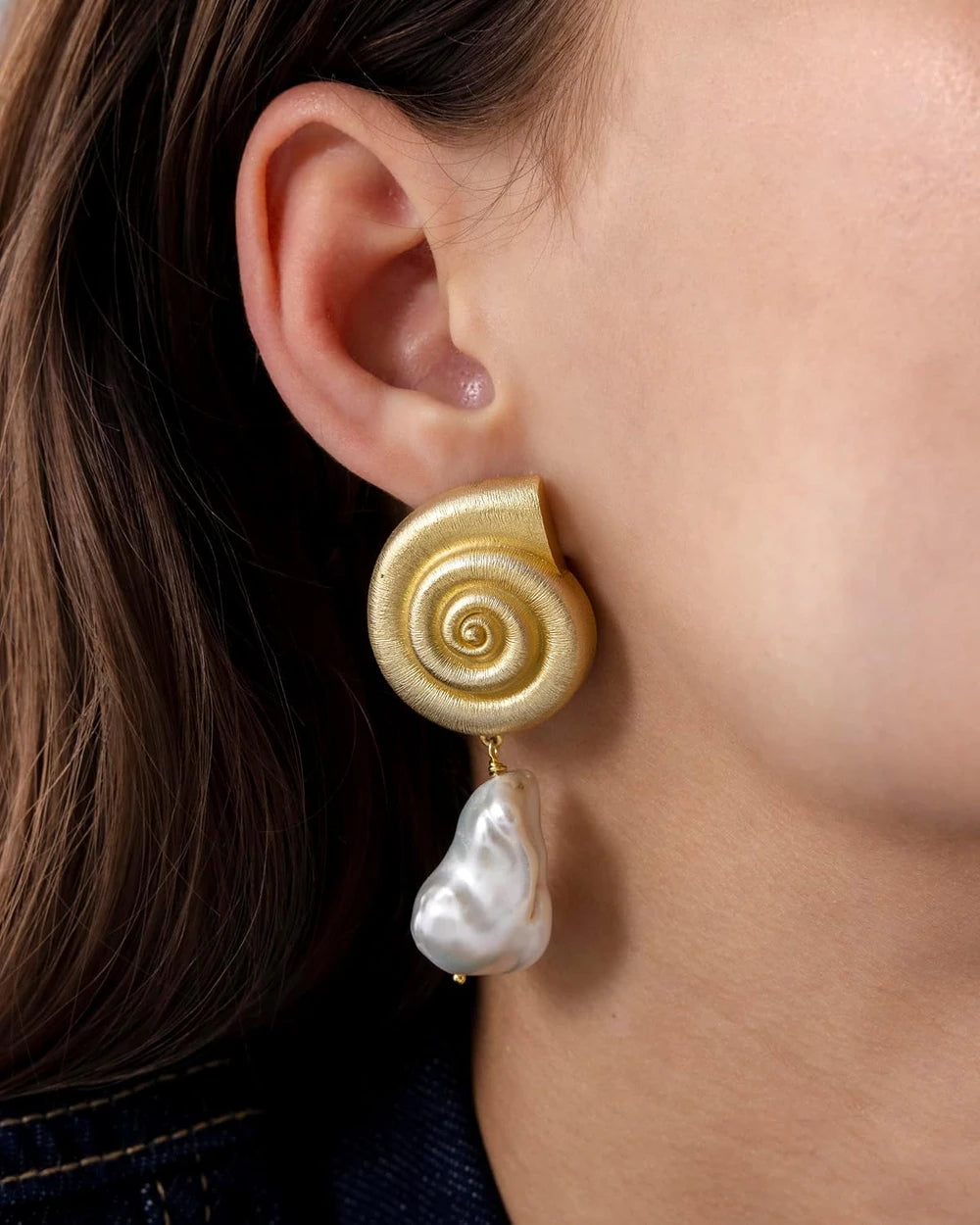 Gold Plated Seashell Pearl Stud Earrings
