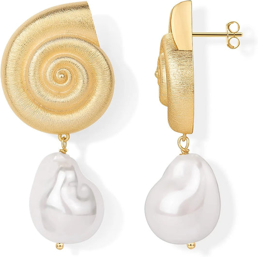 Gold Plated Seashell Pearl Stud Earrings