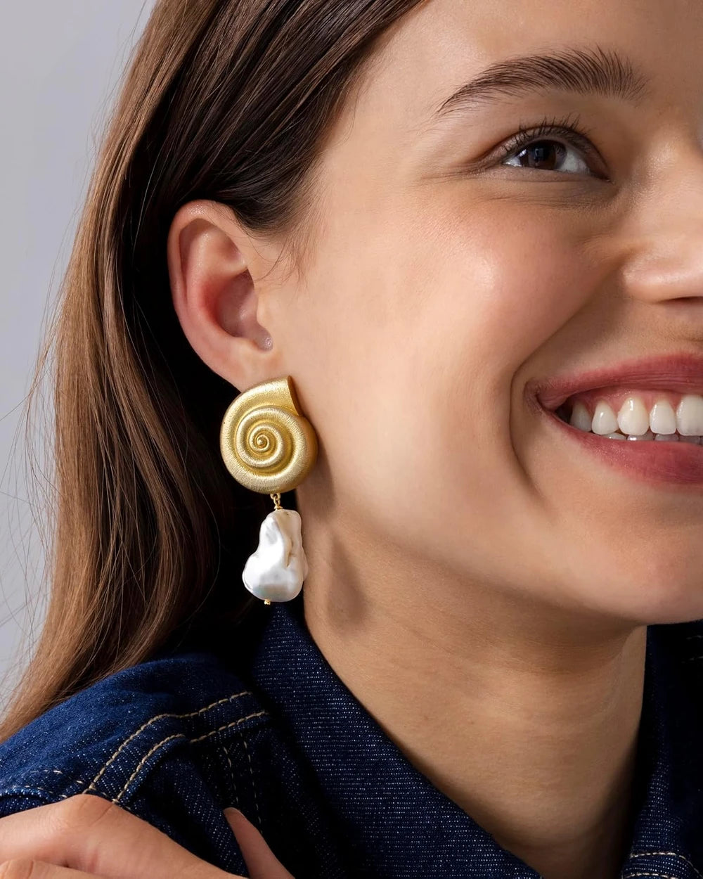 Gold Plated Seashell Pearl Stud Earrings