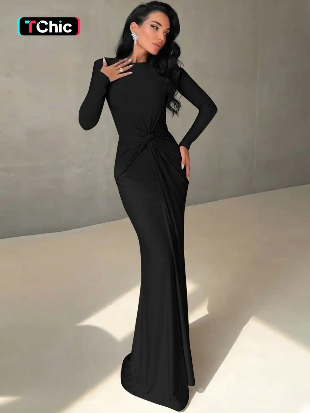 Padded Shoulder Knit Bodycon Maxi Dress