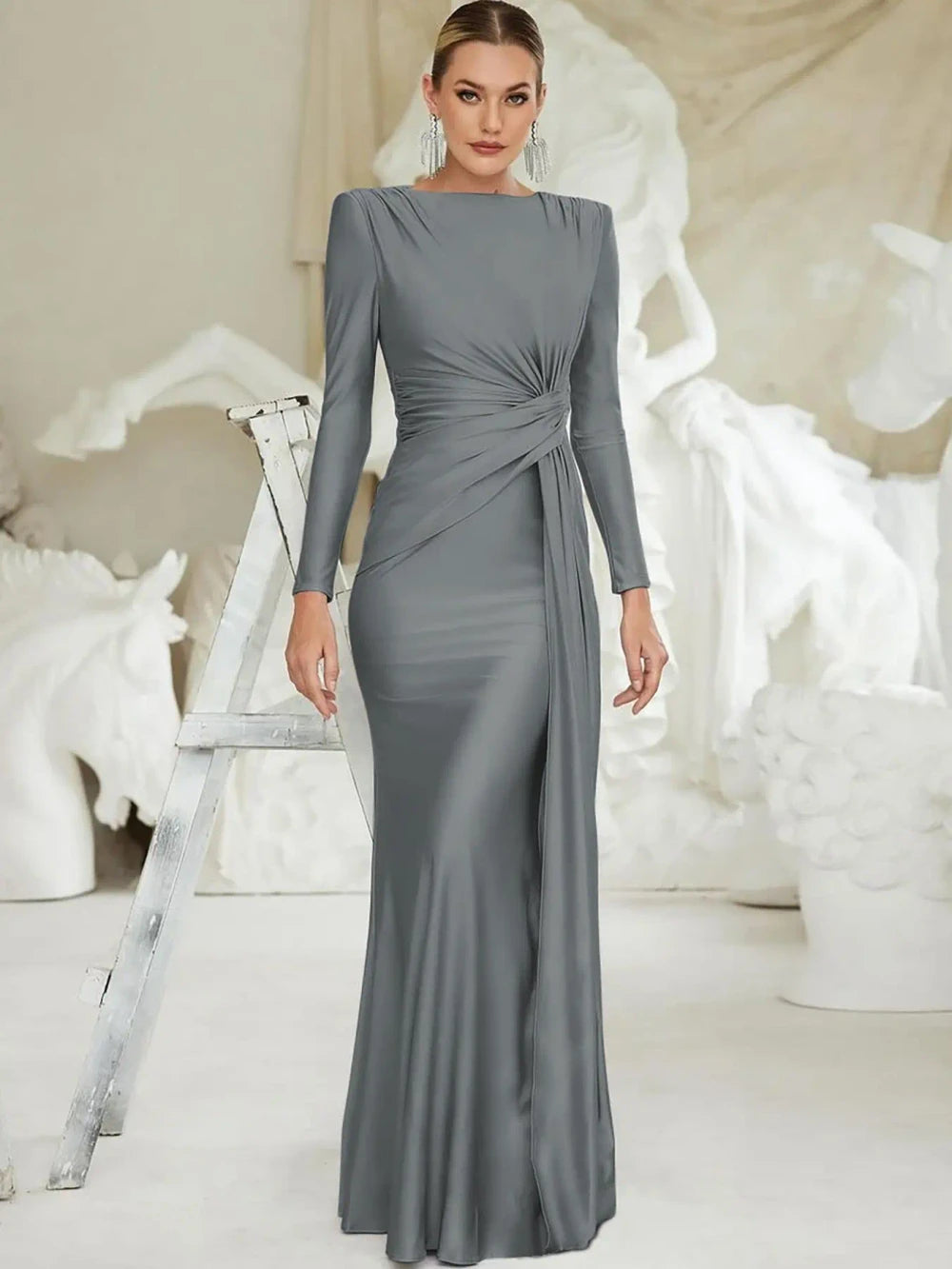 Padded Shoulder Knit Bodycon Maxi Dress