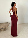 Burgundy Halter Neck Evening Gown