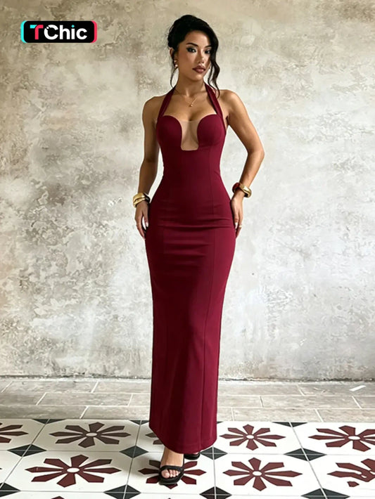 Burgundy Halter Neck Evening Gown