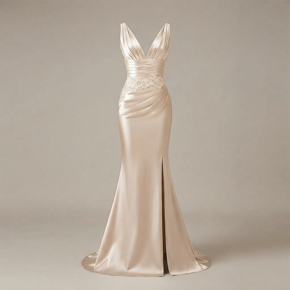 Lace Applique Satin Mermaid Prom Dress
