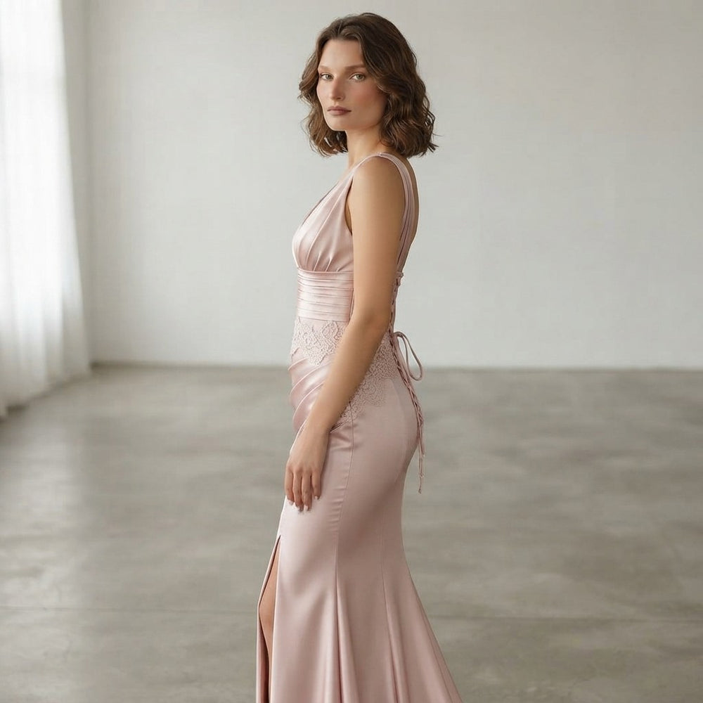 Lace Applique Satin Mermaid Evening Dress