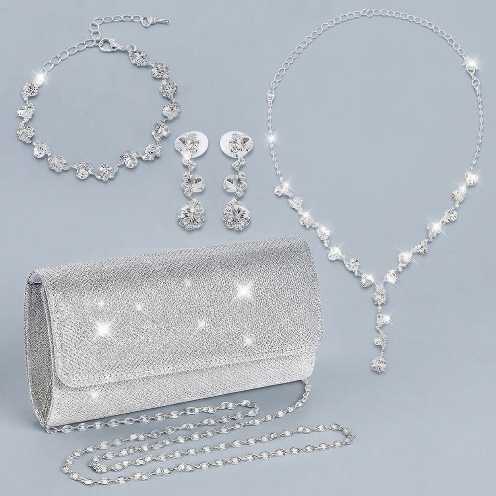 Silver Rhinestone Evening Jewelry Set
