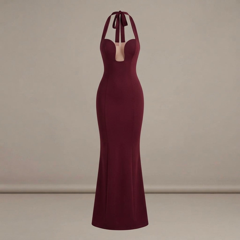 Burgundy Halter Neck Evening Gown