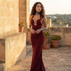 Burgundy Halter Neck Evening Gown